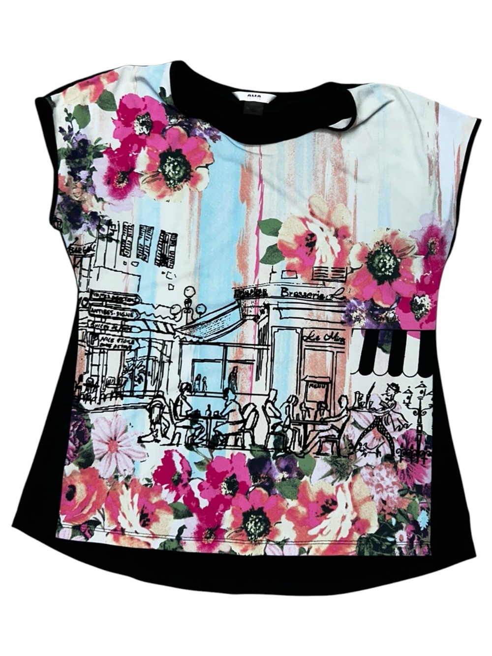 ALIA Petite Black Paris Coffee Shop Graphic Top Petite Small, Florals